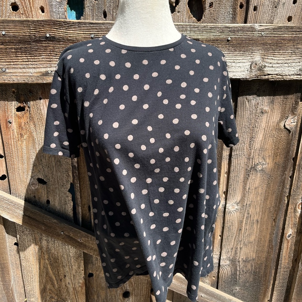 Zara Women's Black Tan Short Sleeve High Low Polka Dot T Shirt
